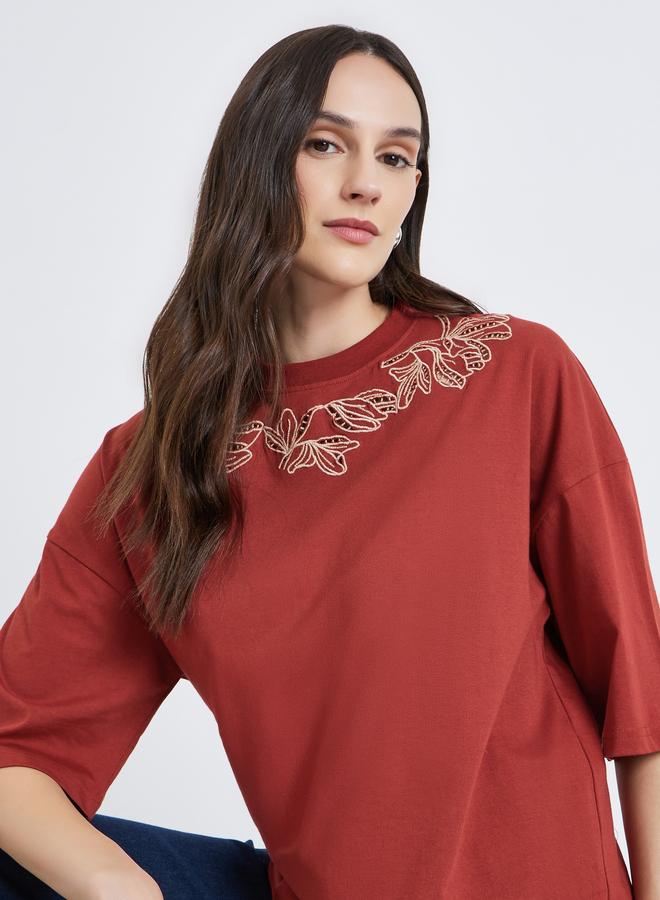 Styli Women Red Embroidered Oversized T-Shirt - Image 5